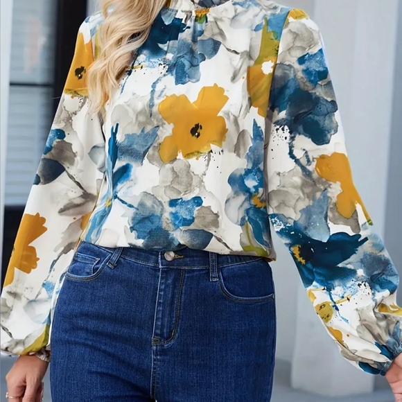 Shein Lune Floral Mock Neck Long Sleeve Blouse Size XL Teal Yellow - Picture 9 of 9